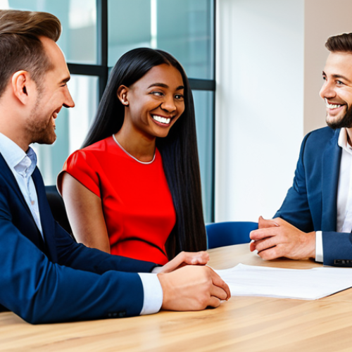 A diverse group of three business professionals, two men and one woman, in a bright, modern co-working space. One professional is extending a hand to offer a document, symbolizing generosity and support. Another is actively listening with an empathetic expression, and the third is smiling warmly, conveying authenticity and trust. All are fully clothed in modest business attire and professional dress. The scene is captured with professional photography, featuring warm lighting and high resolution. safe for work, appropriate content, perfect anatomy, natural pose, correct proportions, well-formed hands, proper finger count, family-friendly.
