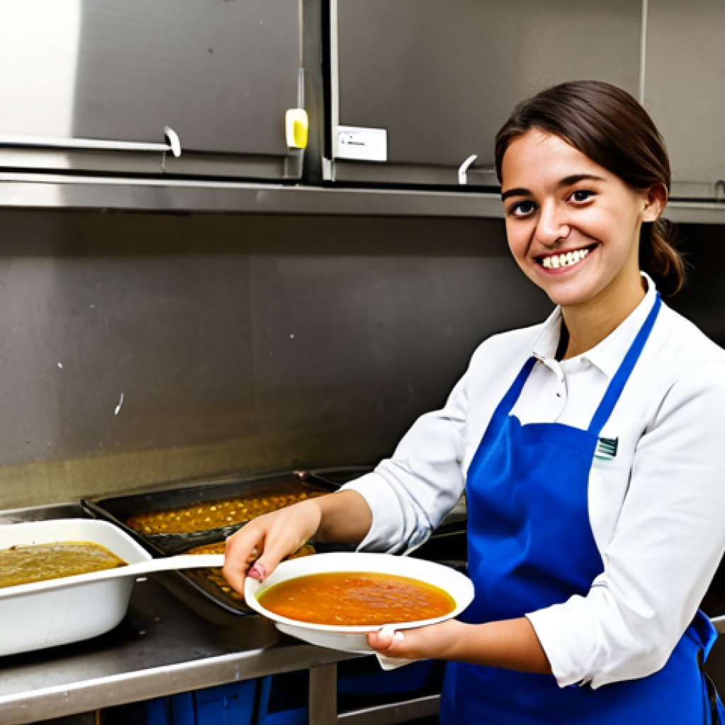 **

"A young professional, fully clothed in a modest business casual outfit, volunteering at a local soup kitchen in Madrid, Spain. She is smiling and serving food to people in need. Background shows a clean, well-organized kitchen. Safe for work, appropriate content, professional, family-friendly, perfect anatomy, correct proportions, natural pose, well-formed hands, proper finger count, natural body proportions, high quality."

**