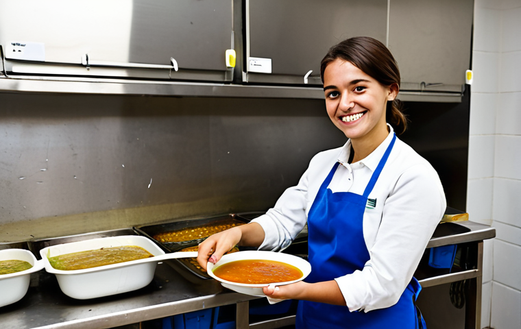 **

"A young professional, fully clothed in a modest business casual outfit, volunteering at a local soup kitchen in Madrid, Spain. She is smiling and serving food to people in need. Background shows a clean, well-organized kitchen. Safe for work, appropriate content, professional, family-friendly, perfect anatomy, correct proportions, natural pose, well-formed hands, proper finger count, natural body proportions, high quality."

**