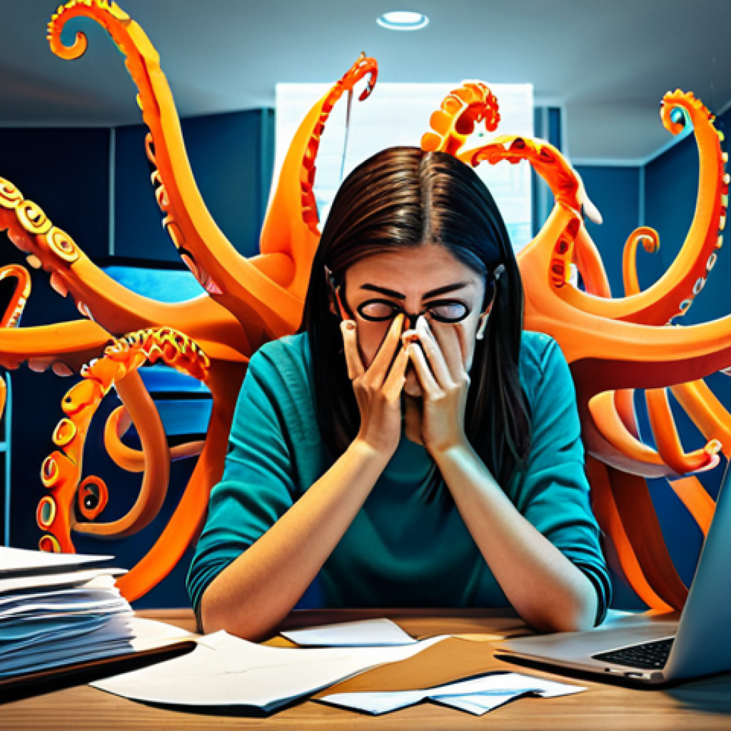 가치 기반 경력에서의 집중력 향상 방법 - The Chaotic Octopus & The Epiphany**
**Prompt:** A vivid, dynamic, and slightly surreal wide shot i...