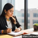 Home 12 가치 기반 경력 개발의 프레임워크 구축하기 - A professional Hispanic woman in her early 30s, sitting at a modern office desk in Mexico City, thou...