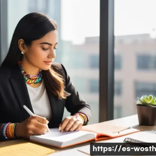 Home 24 가치 기반 경력 개발의 프레임워크 구축하기 - A professional Hispanic woman in her early 30s, sitting at a modern office desk in Mexico City, thou...