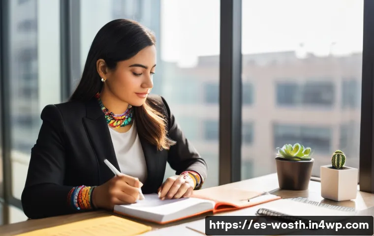 가치 기반 경력 개발의 프레임워크 구축하기 - A professional Hispanic woman in her early 30s, sitting at a modern office desk in Mexico City, thou...