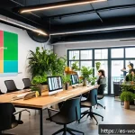 Home 17 가치 기반 경력의 직업 변화와 적응 - A diverse group of young professionals collaborating in a modern coworking space in Madrid, Spain, s...